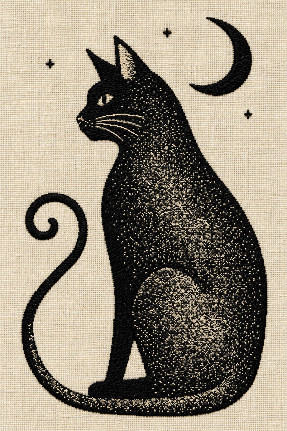 Black seated cat in left-facing profile with a long spiral tail, one crescent moon and three tiny stars, stitched on ivory linen. Textile visualization from Halloween & Autumn Embroidery Edition 1, a digital PDF design book.