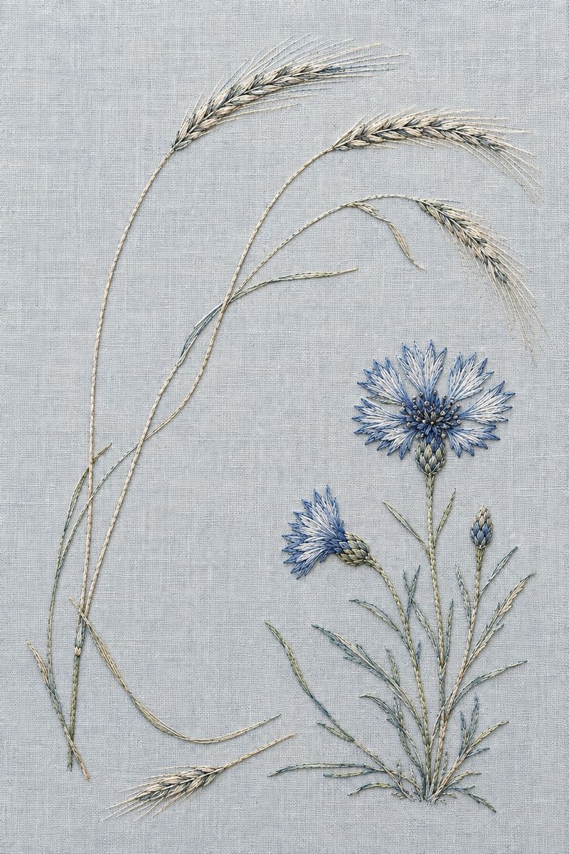 Embroidered textile interpretation of Study 10 — Cornflower and Wild Rye from Nordic Florals, Geometric Lines and Minimal Textile Motifs Studies, showing detailed botanical threadwork, linen texture, Nordic colour relationships and the final stitched version of the paired study.