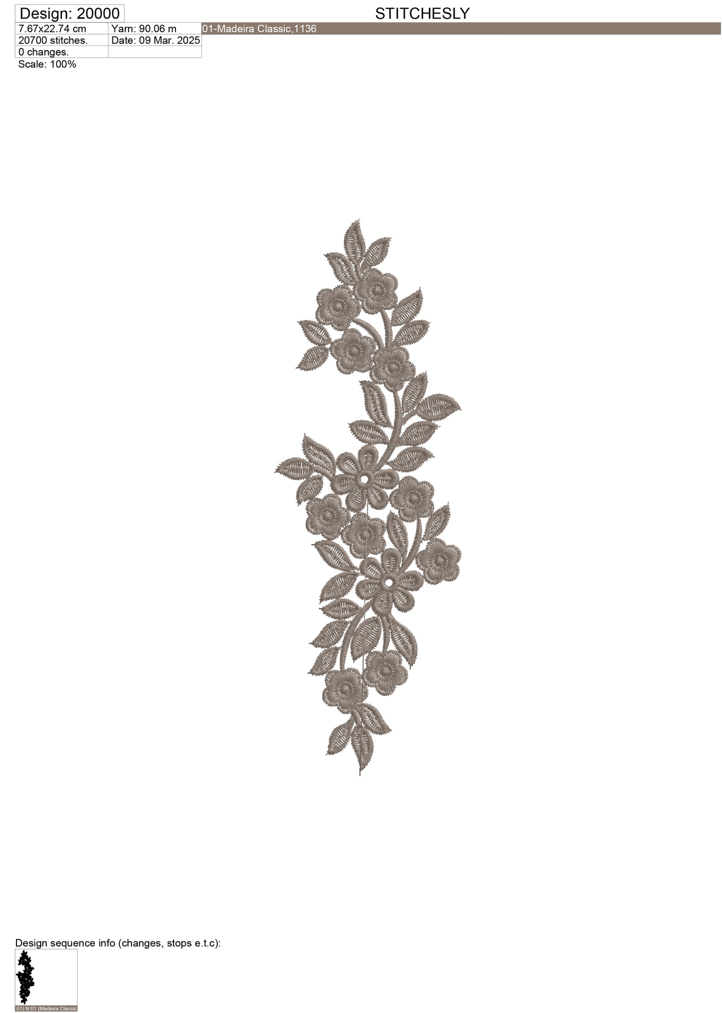 Design 20000 floral vine border machine embroidery file preview for fabric projects.