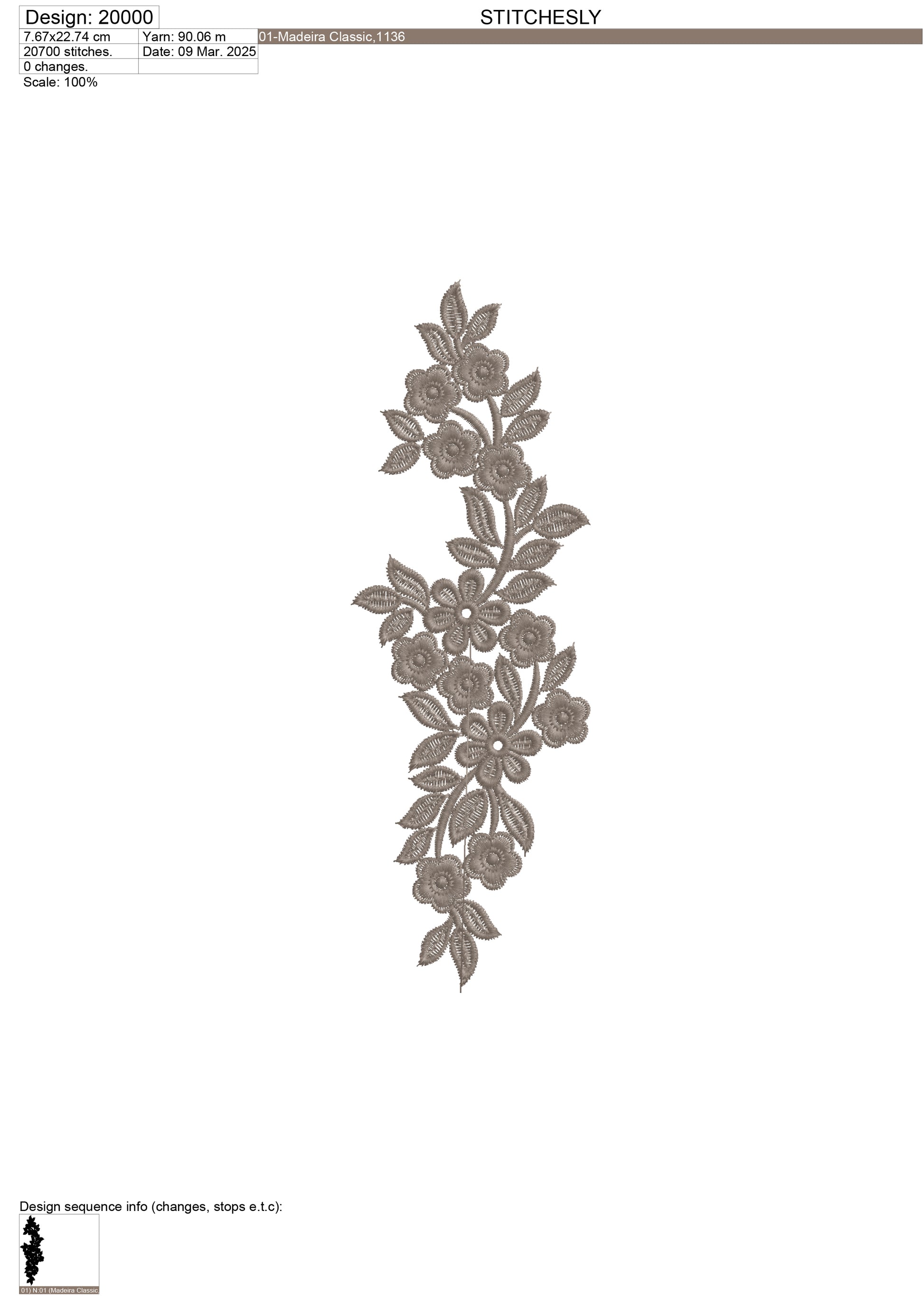 Design 20000 floral vine border machine embroidery file preview for fabric projects.
