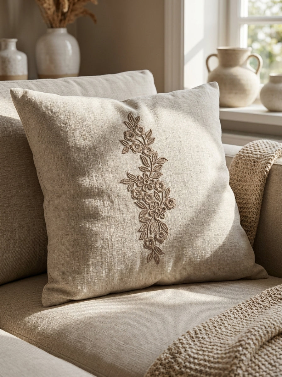 Kitchen towel mockup with floral border machine embroidery design on linen.