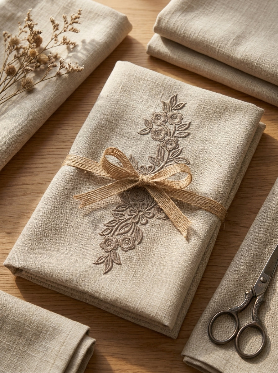 Decorative linen preview showing floral border embroidery design for fabric projects.