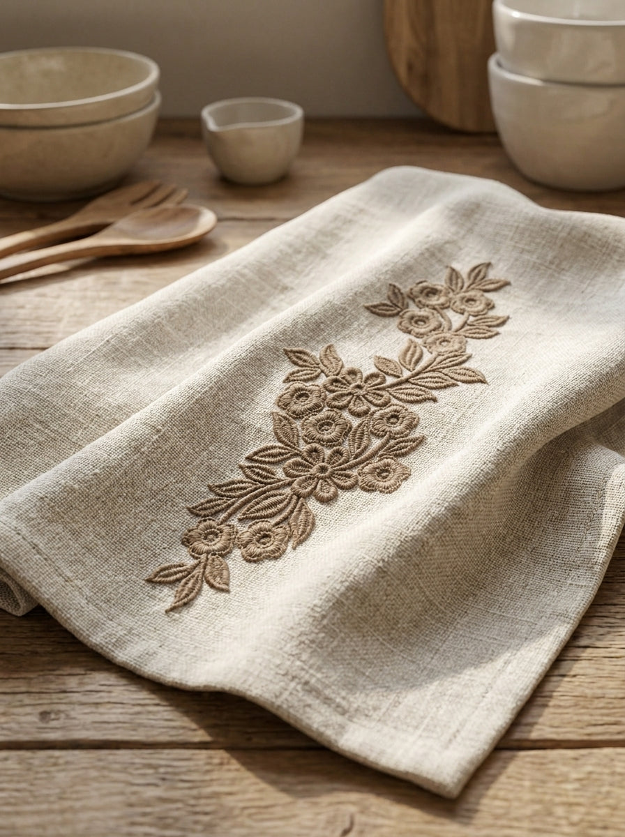 Realistic linen fabric mockup showing floral vine border machine embroidery design.