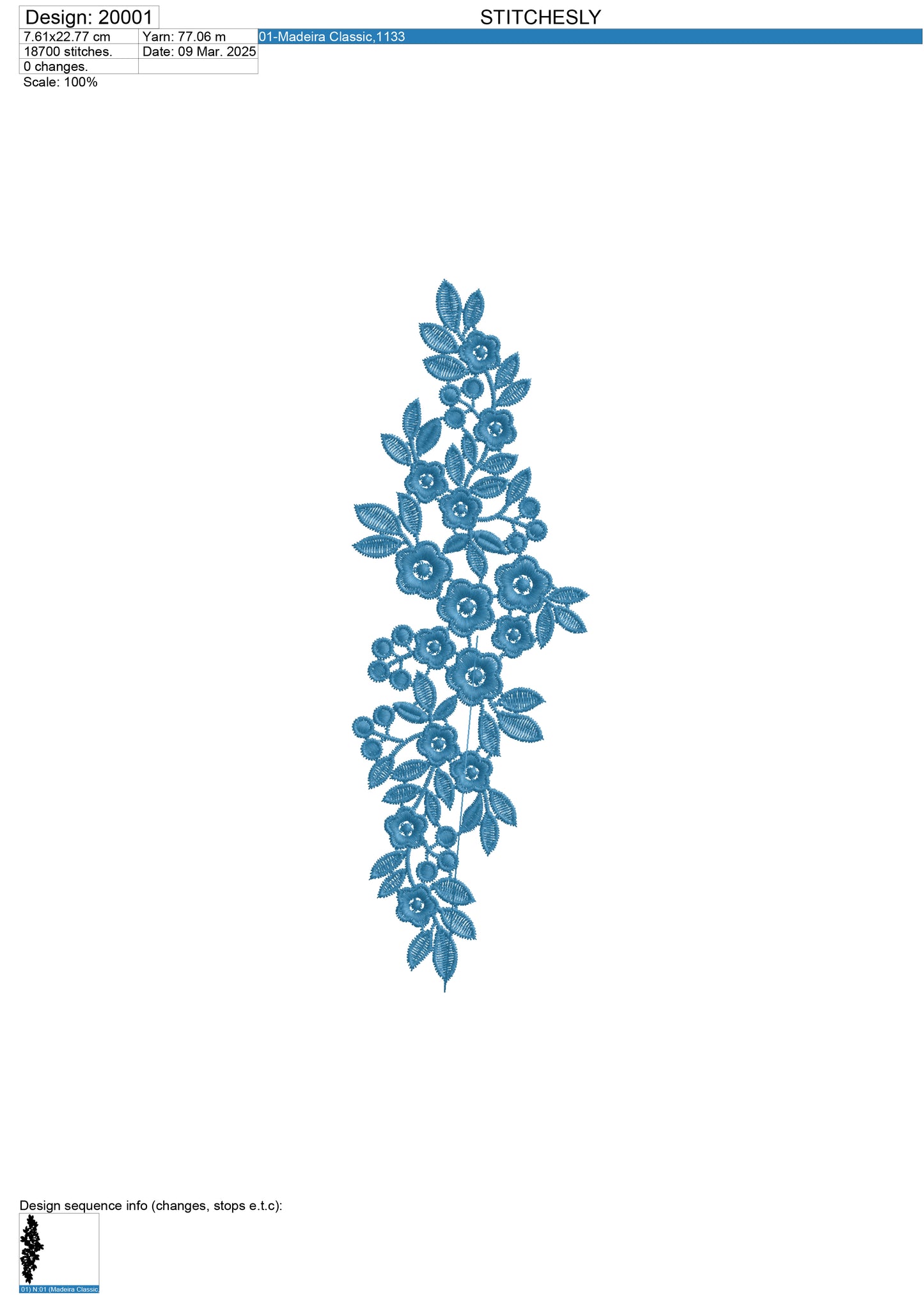 Design 20001 blue floral border machine embroidery file preview for decorative textile projects.