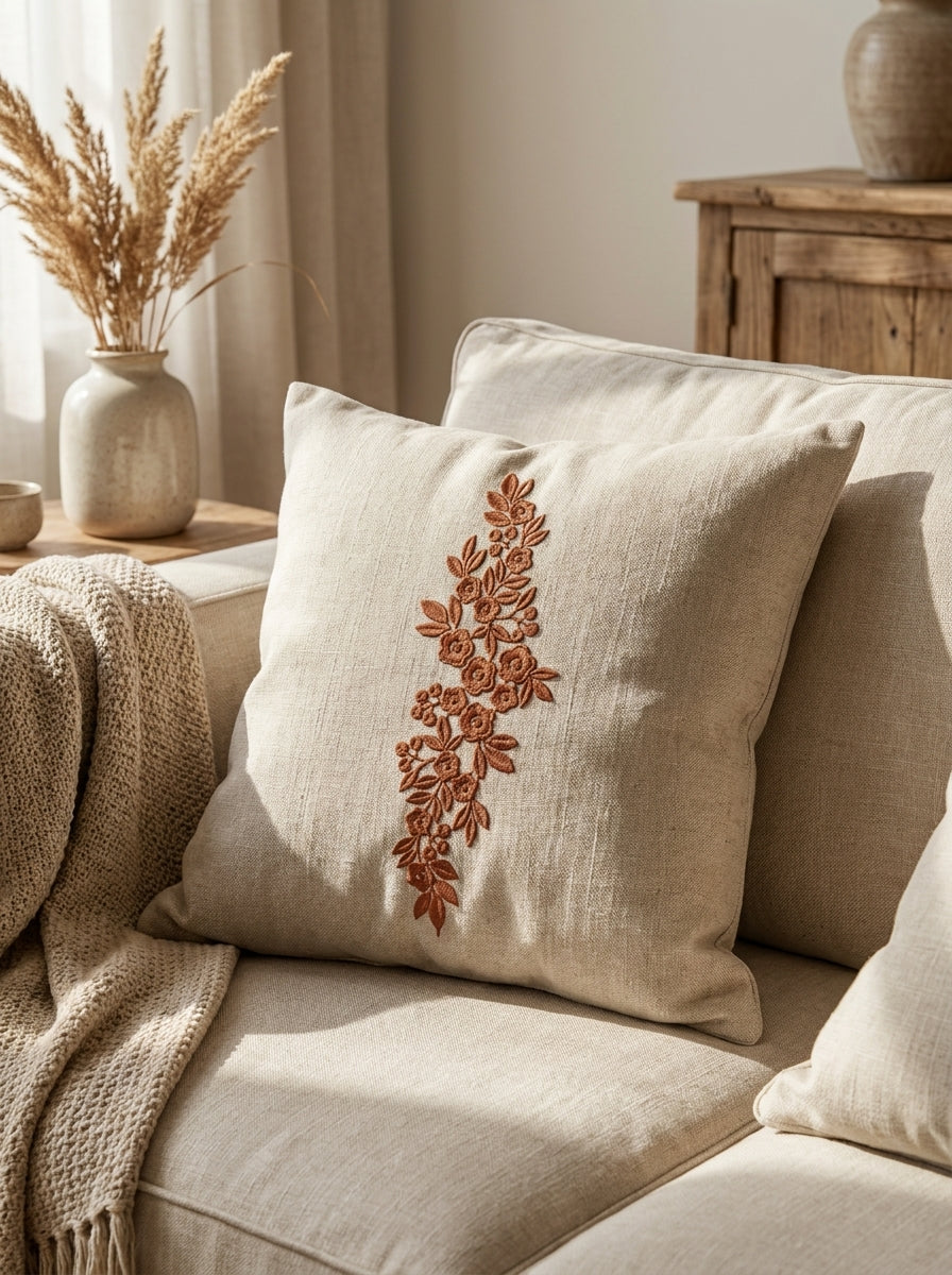 Interior textile mockup with floral vine machine embroidery design for pillows and linens.