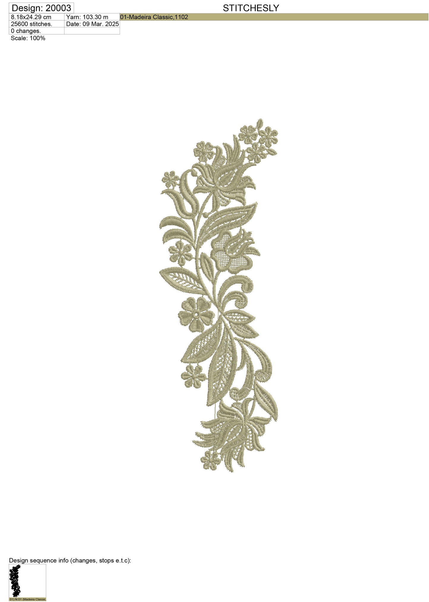 Design 20003 floral vine border machine embroidery file preview for home textile embroidery.