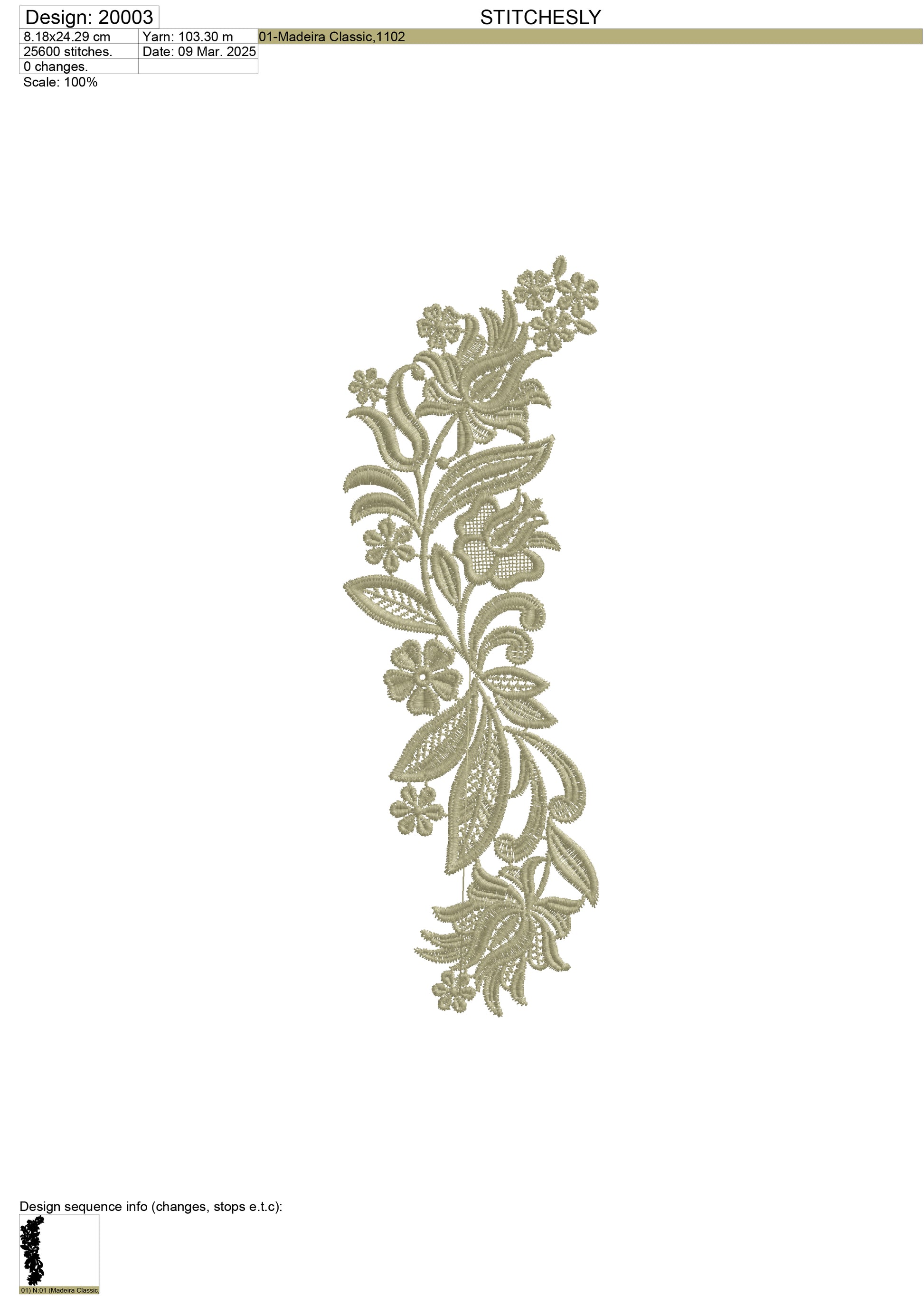 Design 20003 floral vine border machine embroidery file preview for home textile embroidery.