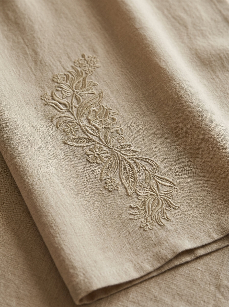 Home textile mockup with floral border machine embroidery design on natural fabric.