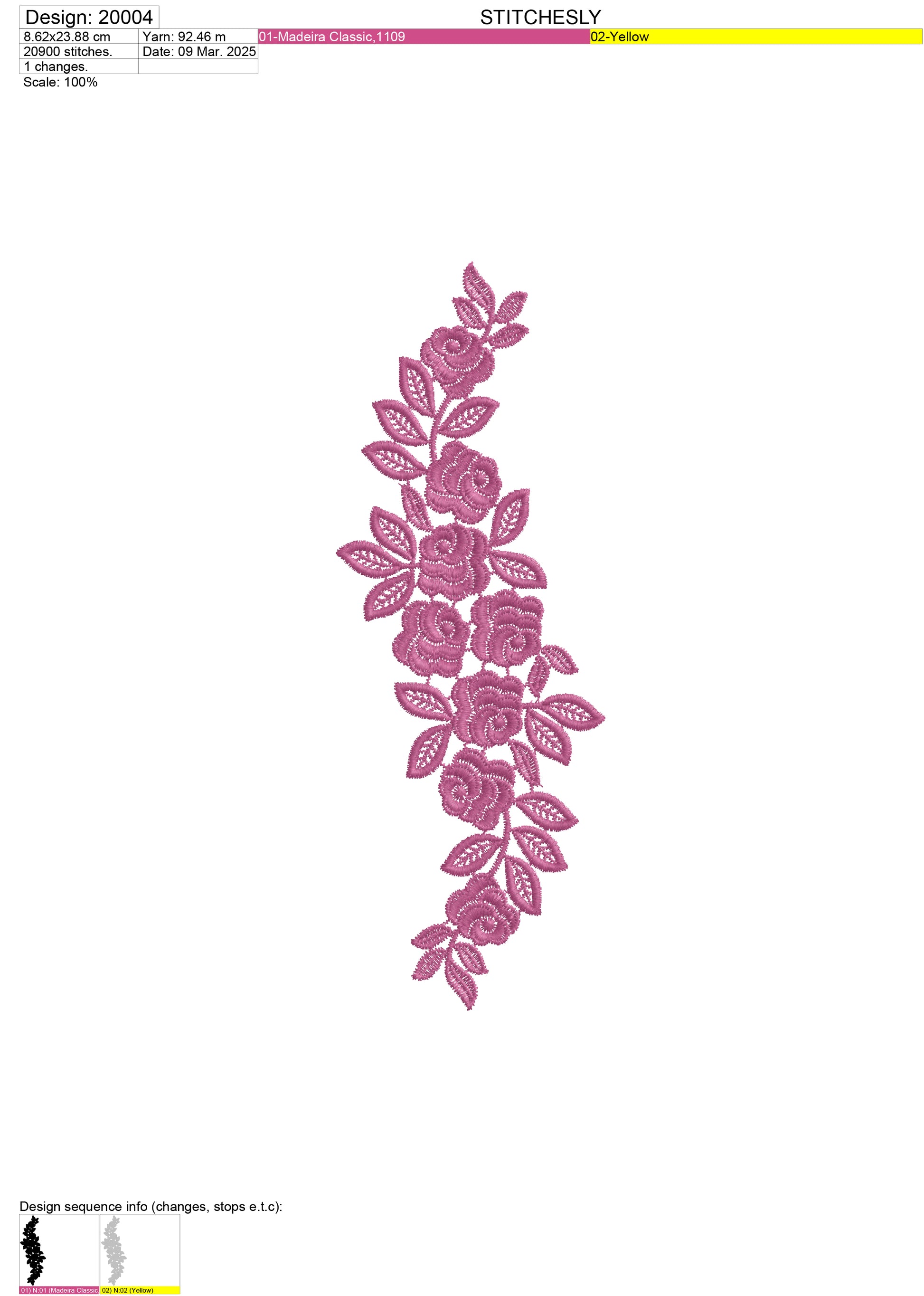 Design 20004 pink rose border machine embroidery file preview for garments, towels and linens.