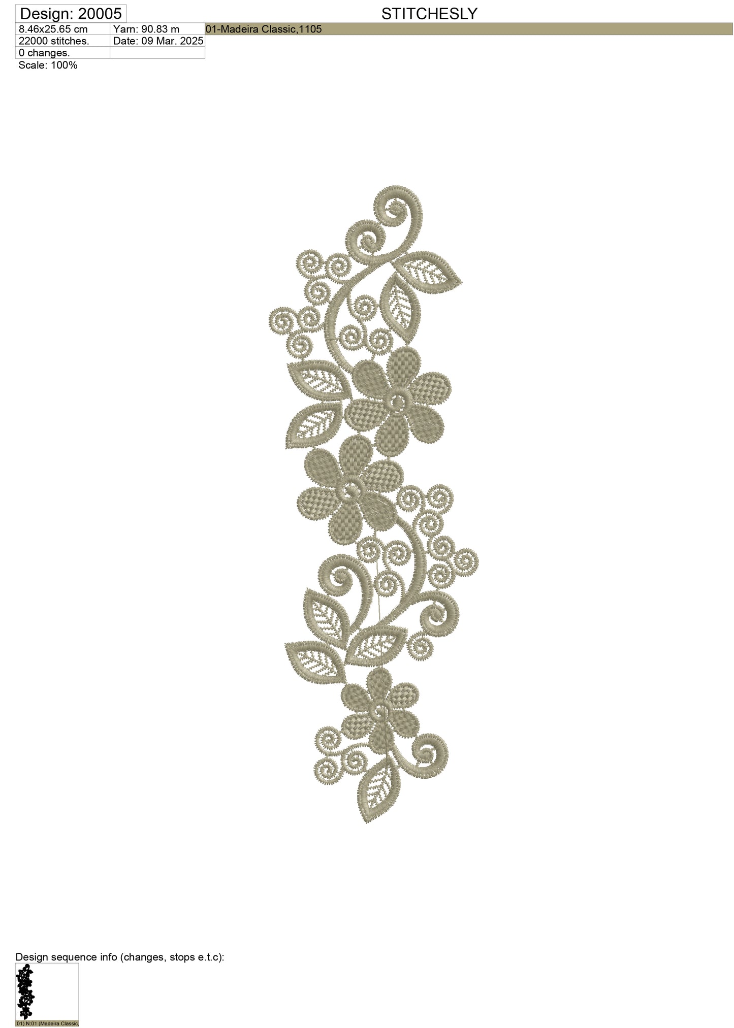 Design 20005 scroll floral border machine embroidery file preview for refined fabric decoration.