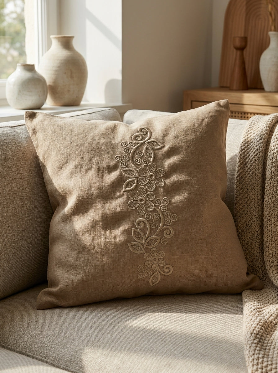 Pillow cover mockup showing floral vine machine embroidery motif for home decor.