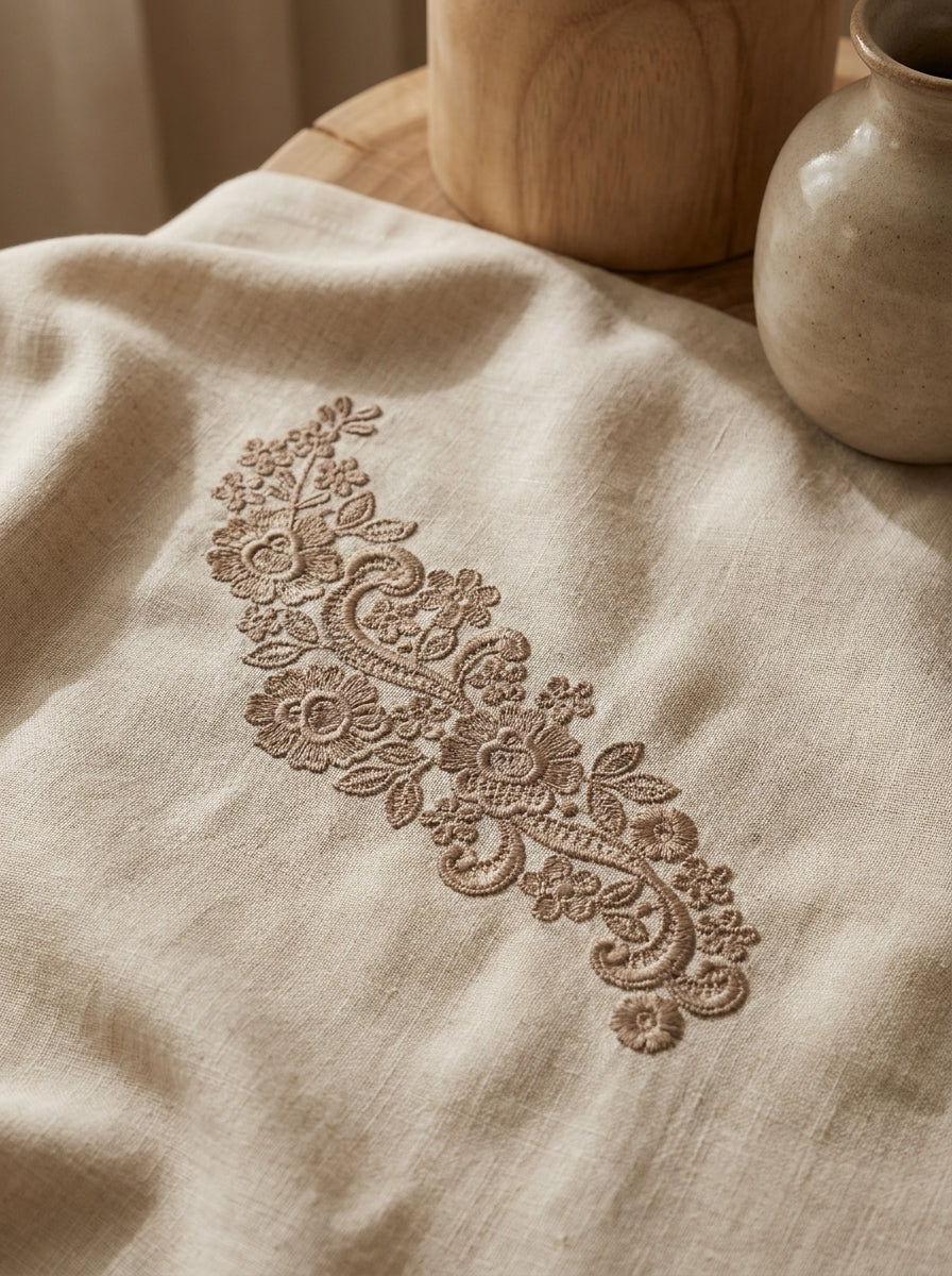 Beige linen pillow decorated with a detailed blue vertical floral border machine embroidery design.