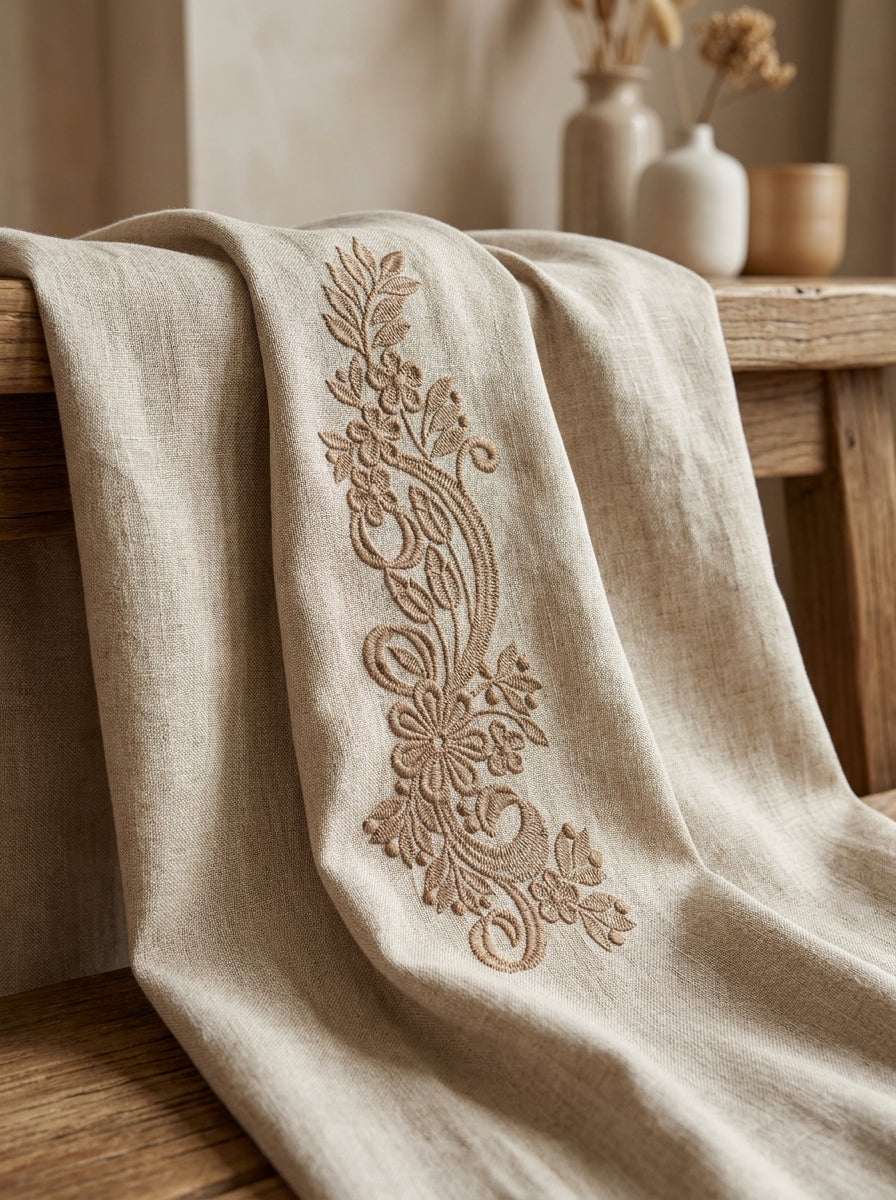 Technical preview of Design 20008, a pale carmine vertical floral border measuring 9.05 by 23.19 cm.