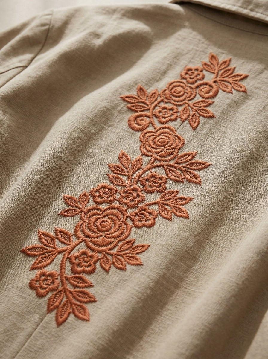 Technical preview of Design 20010, an olive green single-color floral border measuring 8.04 by 24.83 cm.