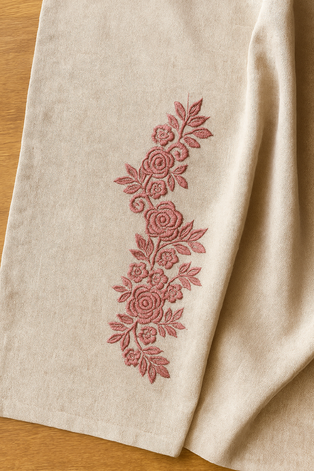 Floral Border Embroidery Design – Elegant Rose Leaf Pattern for Table Linens – 9x23cm | Digital Download – PES DST VP3 HUS – Stitchesly 20008