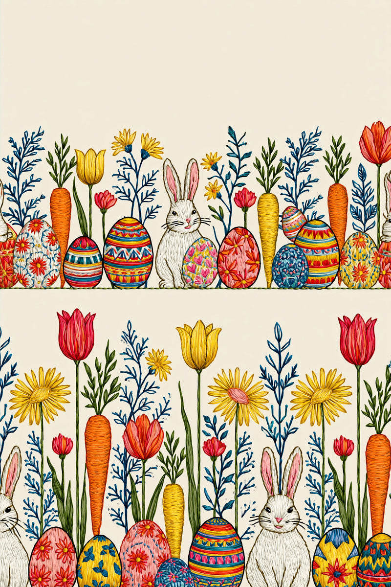 Original vivid easter rabbit egg double border design plate from Easter & Spring Embroidery Edition 1, a digital PDF embroidery design book.