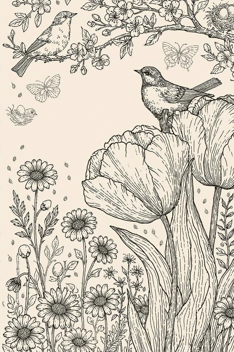 Original two birds blossom nests tulip garden design plate from Easter & Spring Embroidery Edition 4, a digital PDF embroidery design book.
