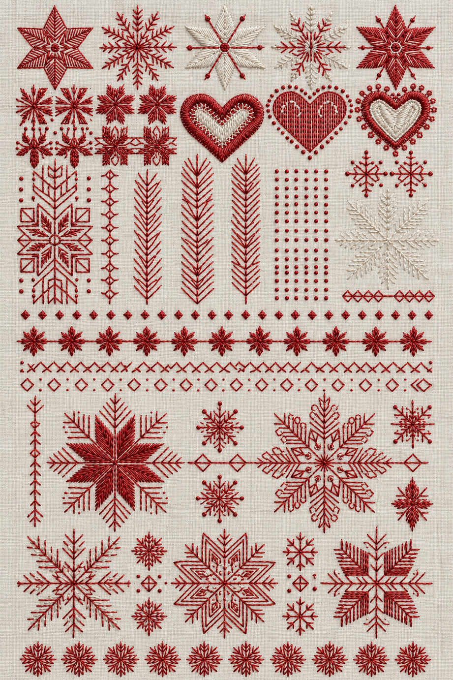 Fine red and ivory Nordic embroidery sampler with geometric snowflakes, three hearts, fir-like stems, dots and repeated borders. Textile visualization from Christmas Embroidery Collection Edition 4, a digital PDF design book.