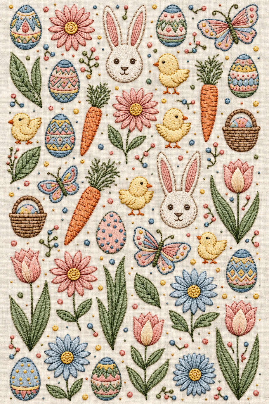 Pastel Easter embroidery sampler with nine patterned eggs, two rabbit faces, five chicks, three carrots, three butterflies, flowers and two baskets. Textile visualization from Easter & Spring Embroidery Edition 1, a digital PDF design book.