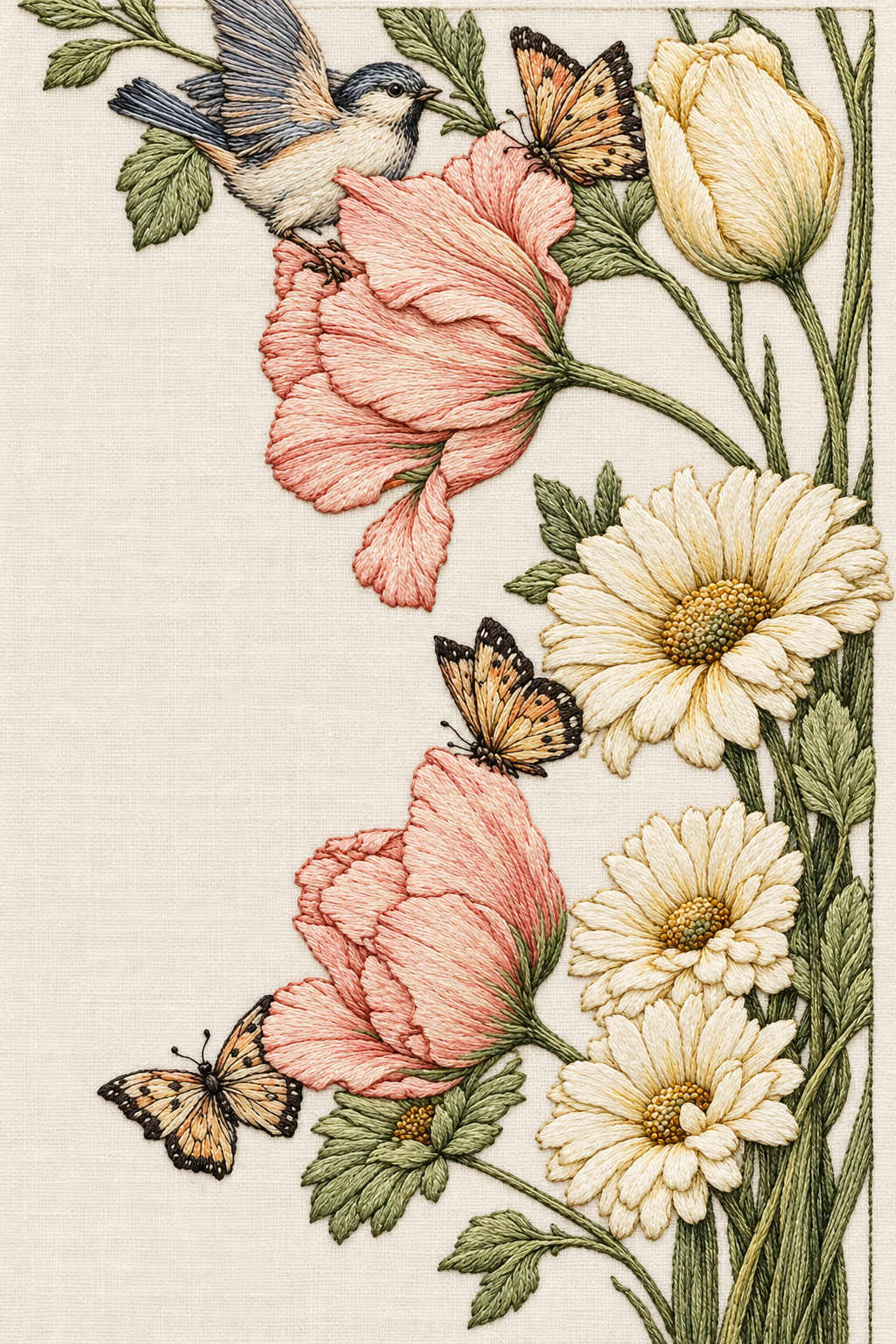 Right-side embroidered border with one bird, three butterflies, tulip, open flowers and daisies beside a broad empty ivory field. Textile visualization from Easter & Spring Embroidery Edition 2, a digital PDF design book.