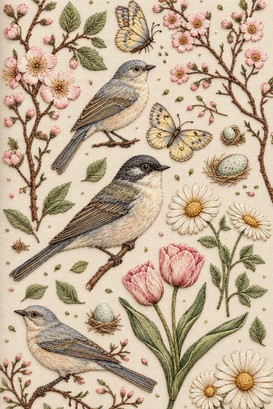 Three birds and two butterflies among blossom branches, small egg nests, two tulips and ivory daisies in delicate spring embroidery. Textile visualization from Easter & Spring Embroidery Edition 3, a digital PDF design book.