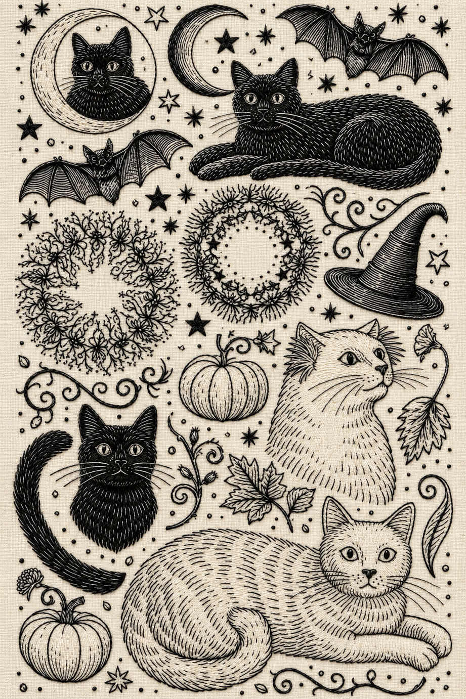Black and ivory motif library with five cats, two bats, two crescents, two open wreaths, a pointed hat, pumpkins and tiny leaf and star motifs. Textile visualization from Halloween & Autumn Embroidery Edition 1, a digital PDF design book.