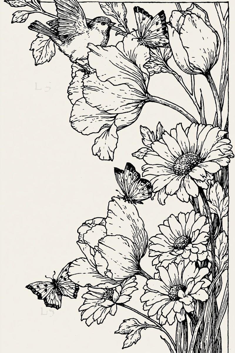 Original bird butterfly floral right border design plate from Easter & Spring Embroidery Edition 2, a digital PDF embroidery design book.
