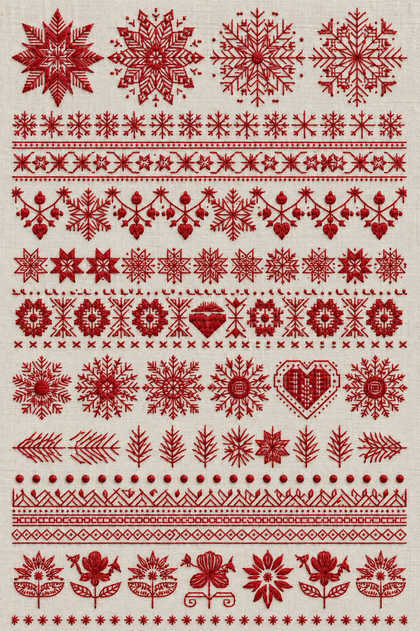 Fine monochrome red Nordic Christmas sampler with geometric snowflakes, stars, hearts, folk flowers and repeated borders on ivory linen. Textile visualization from Christmas Embroidery Collection Edition 4, a digital PDF design book.