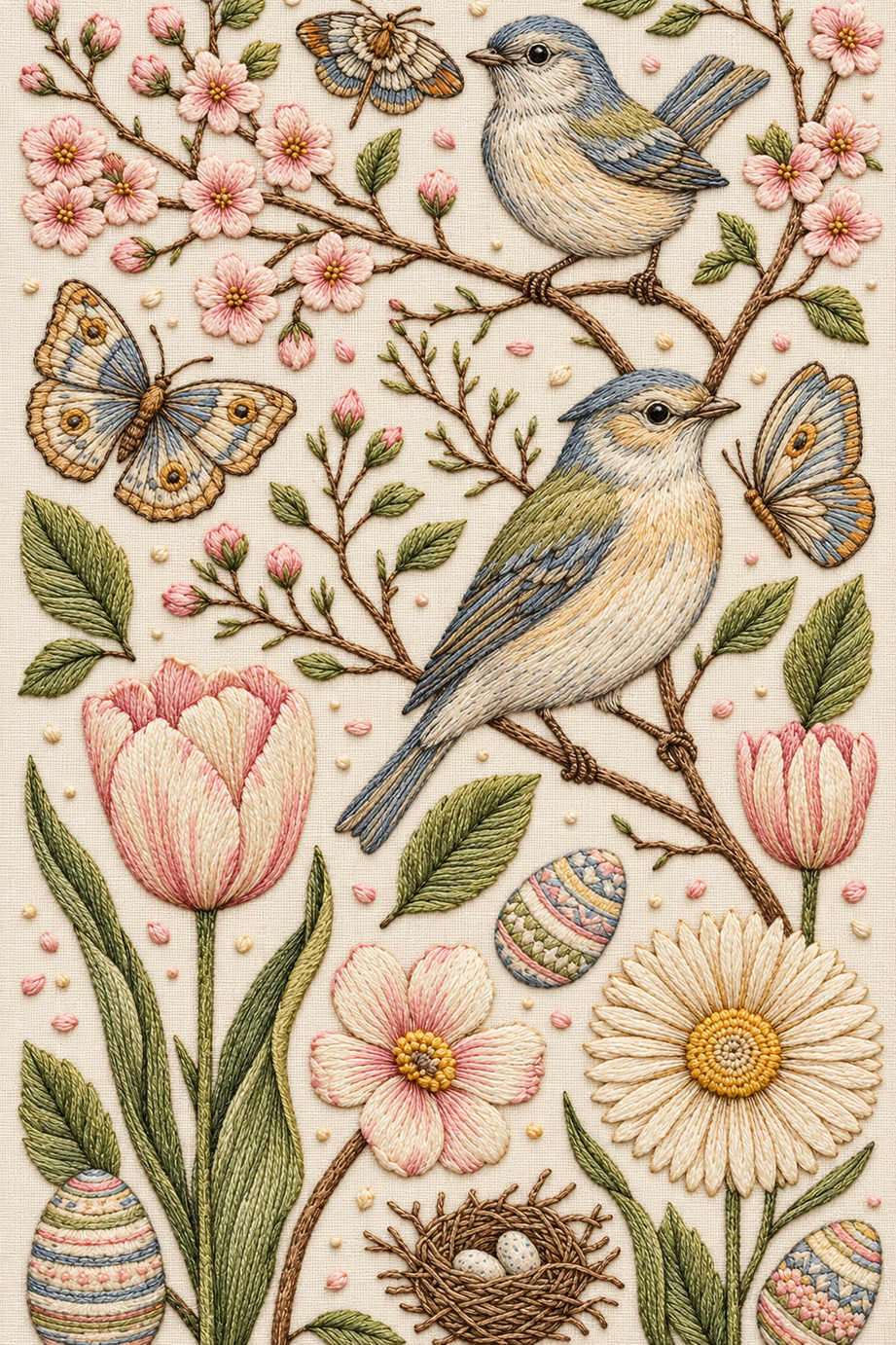 Two birds and three butterflies among blossom branches and tulips, with three separate decorated eggs and a nest holding two eggs. Textile visualization from Easter & Spring Embroidery Edition 2, a digital PDF design book.