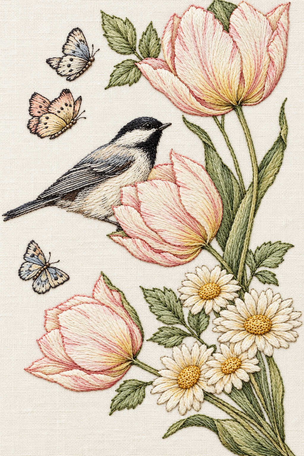 Black-capped bird with three butterflies, three ivory-blush tulips and four daisies embroidered on ivory linen. Textile visualization from Easter & Spring Embroidery Edition 3, a digital PDF design book.