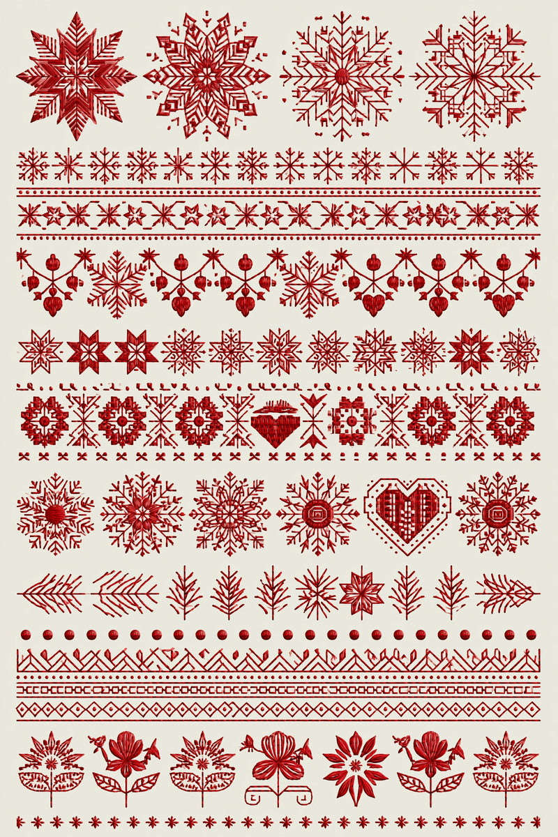 Original red nordic holiday motif library design plate from Christmas Embroidery Collection Edition 4, a digital PDF embroidery design book.