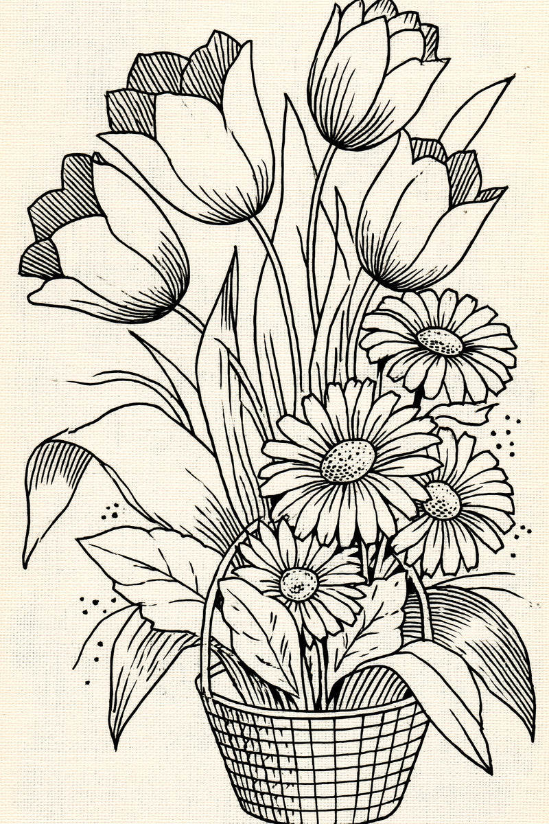 Original four tulip daisy flower basket design plate from Easter & Spring Embroidery Edition 1, a digital PDF embroidery design book.