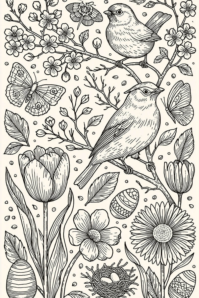 Original two bird blossom tulip nest study design plate from Easter & Spring Embroidery Edition 2, a digital PDF embroidery design book.