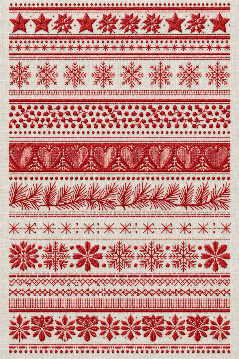 Fine red Christmas border library with repeated stars, snowflakes, berries, hearts, fir branches and floral rosettes on ivory linen. Textile visualization from Christmas Embroidery Collection Edition 4, a digital PDF design book.