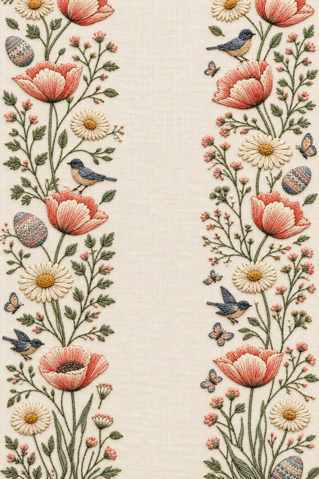 Two spring embroidery side borders with four birds, butterflies, patterned eggs, coral poppies and ivory daisies around a broad open centre. Textile visualization from Easter & Spring Embroidery Edition 2, a digital PDF design book.