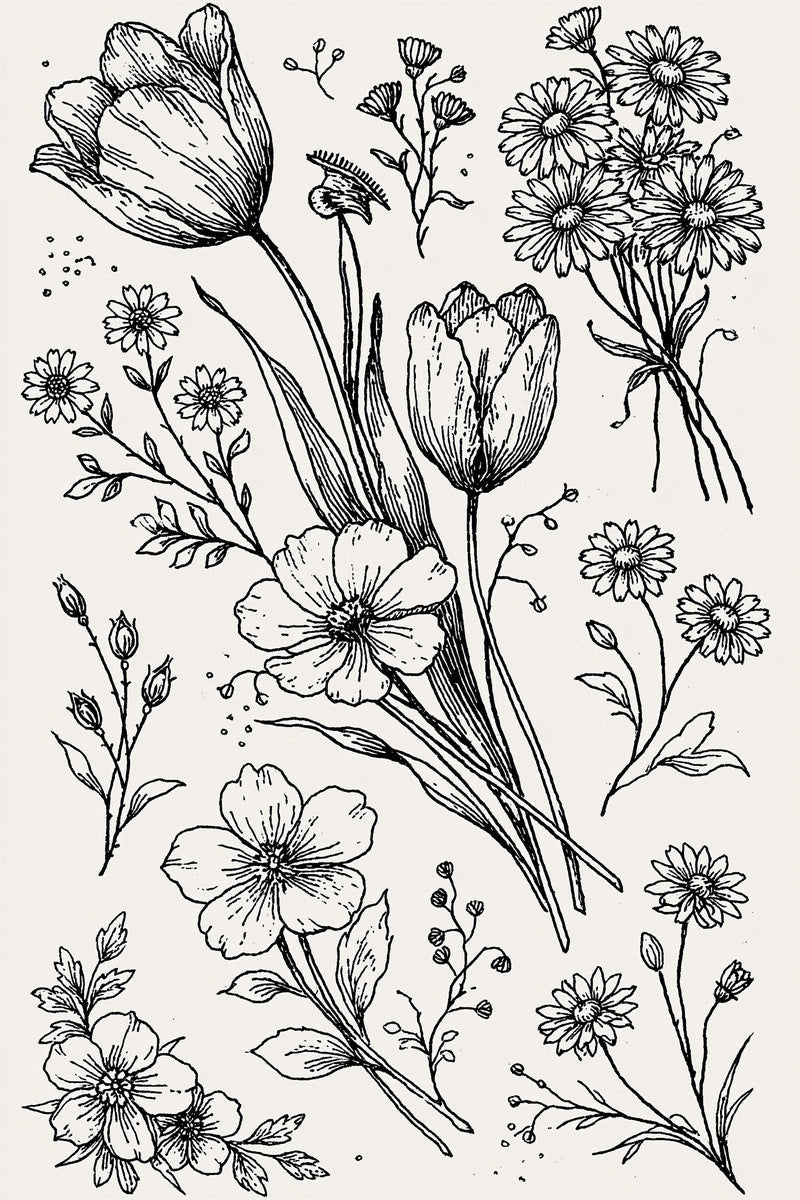 Original spring tulip daisy botanical study design plate from Easter & Spring Embroidery Edition 1, a digital PDF embroidery design book.