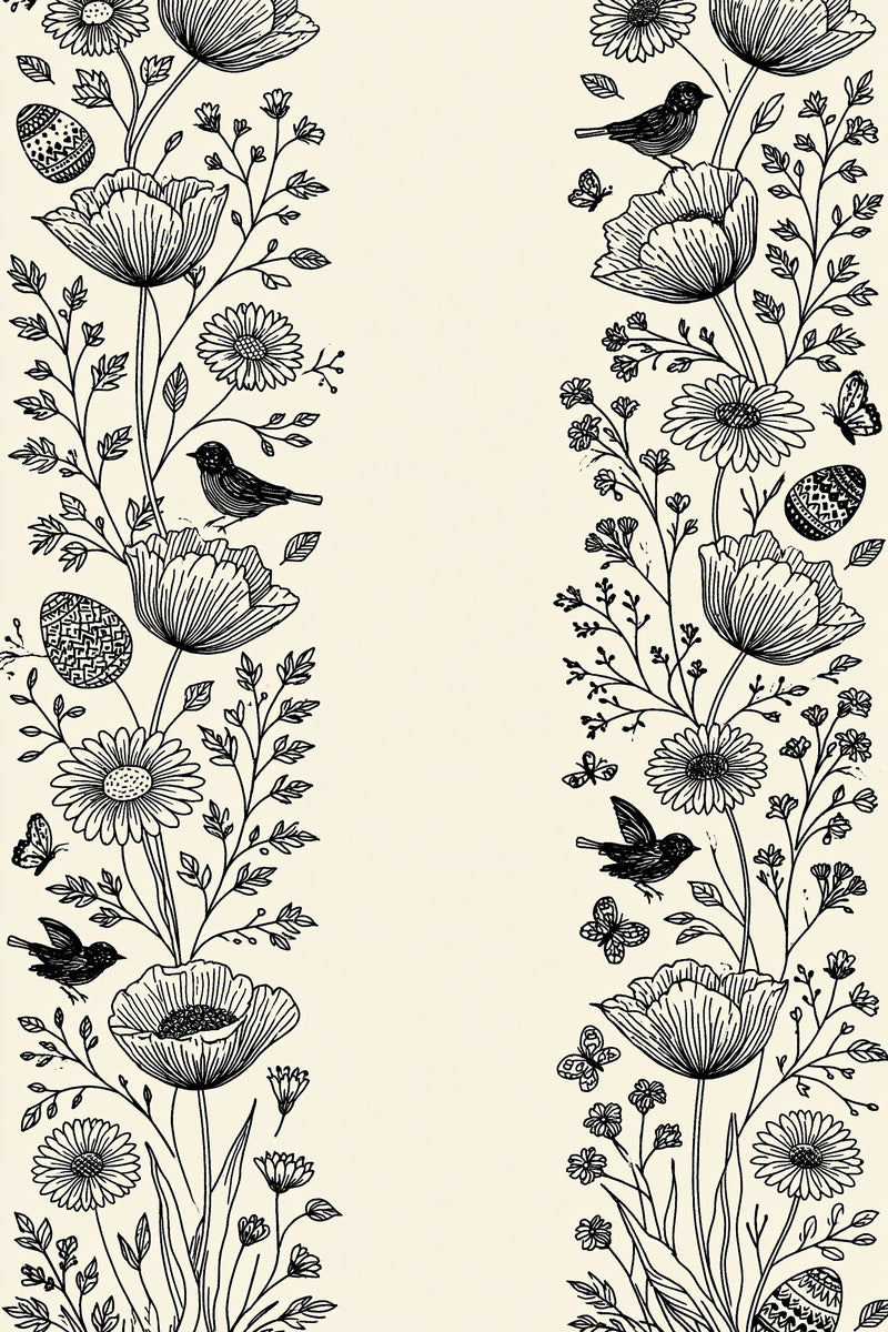 Original four bird poppy daisy side borders design plate from Easter & Spring Embroidery Edition 2, a digital PDF embroidery design book.