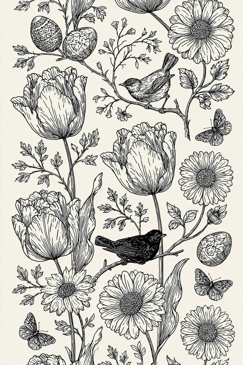 Original two bird tulip egg floral column design plate from Easter & Spring Embroidery Edition 3, a digital PDF embroidery design book.