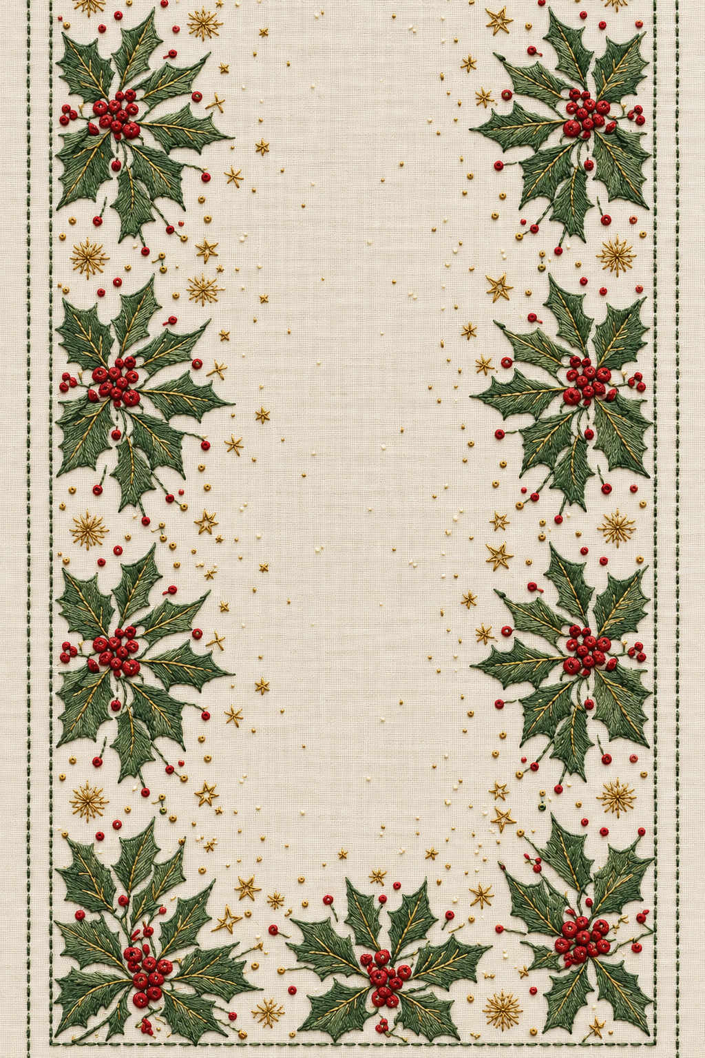 Delicate evergreen holly and cranberry berry clusters with gold snowflakes along a tall border surrounding an open ivory linen centre. Textile visualization from Christmas Embroidery Collection Edition 4, a digital PDF design book.