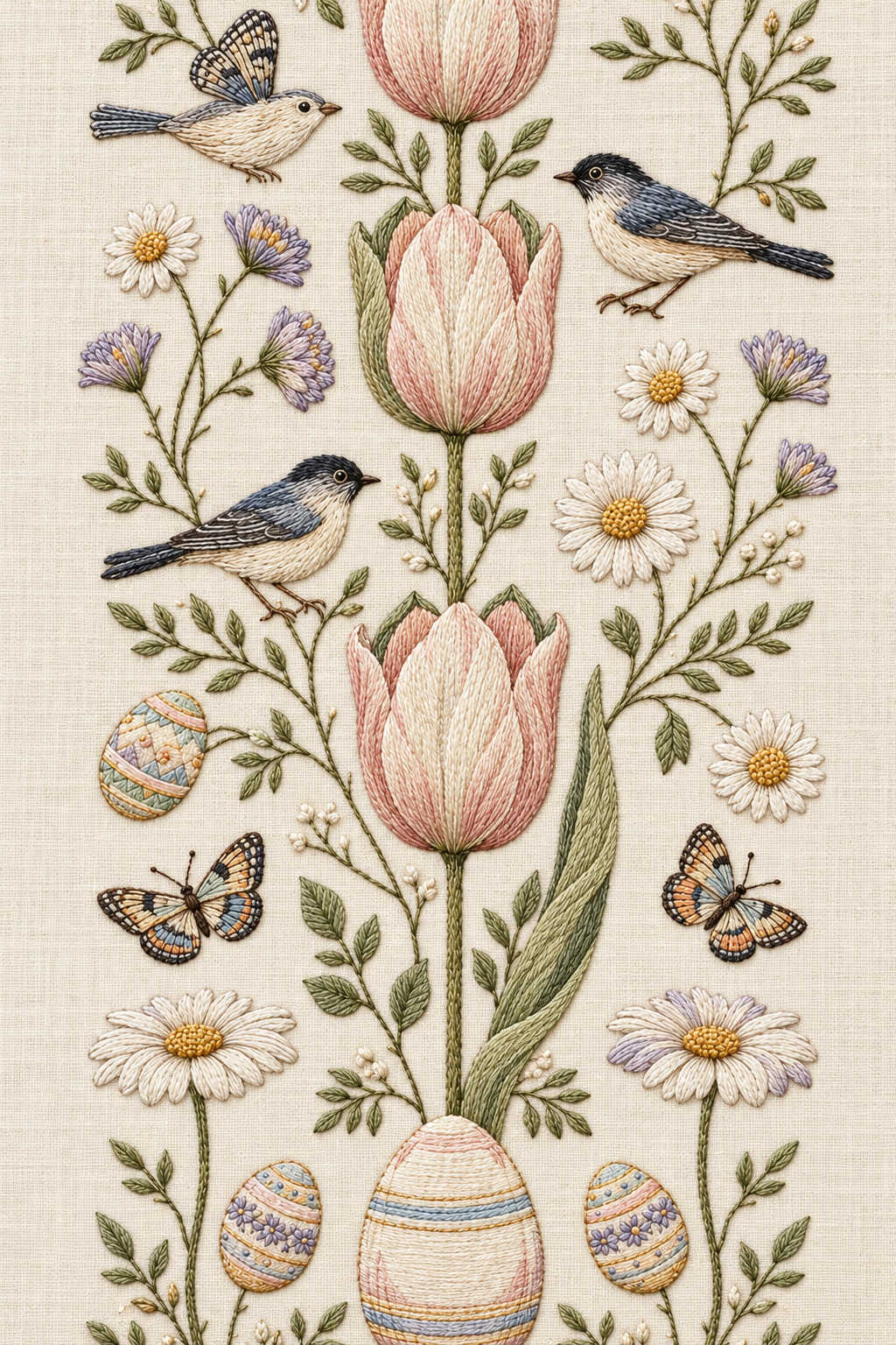 Narrow spring embroidery composition with three birds, three tulips, two separate butterflies, four decorated eggs, daisies and leafy sprigs. Textile visualization from Easter & Spring Embroidery Edition 2, a digital PDF design book.