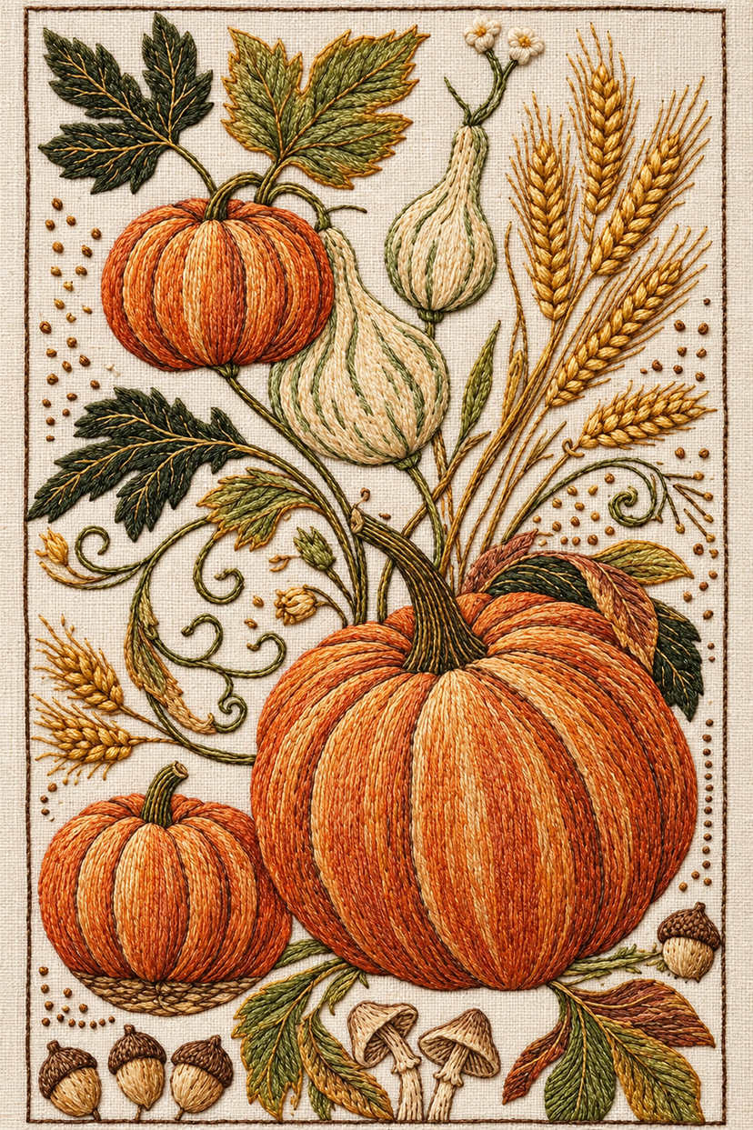 Harvest embroidery plate with three pumpkins, two long-neck gourds, wheat, lobed autumn leaves, four acorns and small mushrooms within a thin rectangular border. Textile visualization from Halloween & Autumn Embroidery Edition 1, a digital PDF design book.