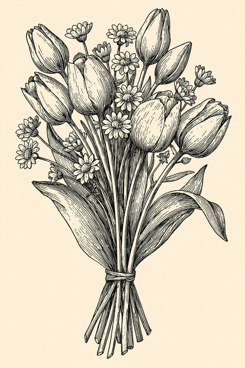 Original tied tulip daisy bouquet design plate from Easter & Spring Embroidery Edition 4, a digital PDF embroidery design book.