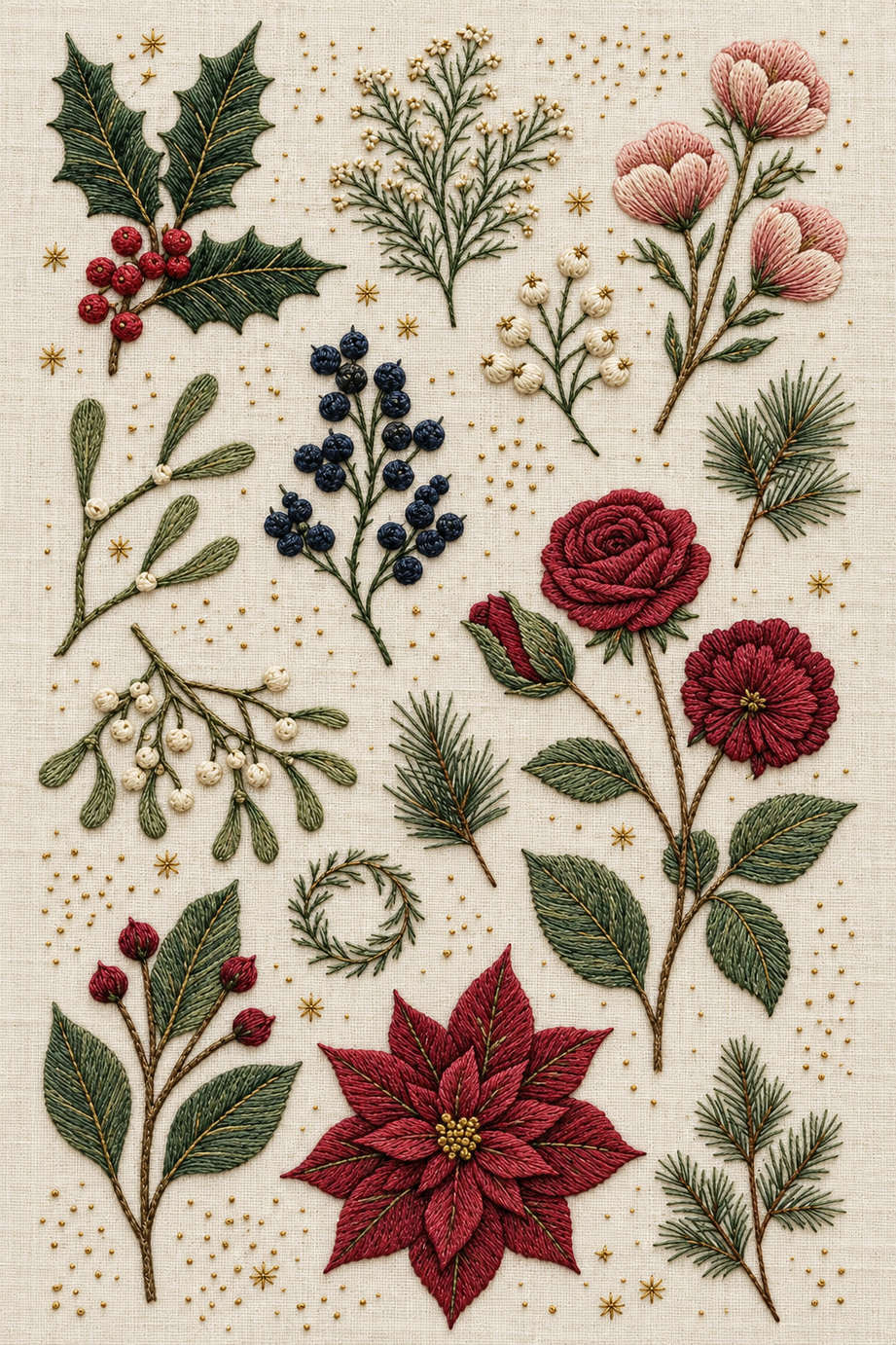Winter botanical library of holly, mistletoe, berries, pine, cup flowers, burgundy roses and a poinsettia embroidered on ivory linen. Textile visualization from Christmas Embroidery Collection Edition 4, a digital PDF design book.