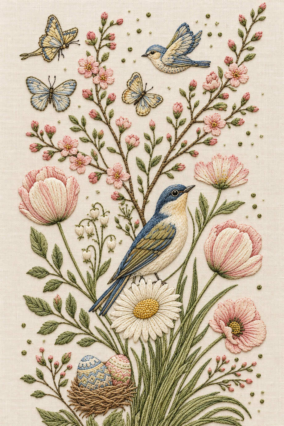 Two birds and three butterflies among blossom branches, tulips and spring flowers above a nest holding two decorated eggs, finely embroidered on ivory linen. Textile visualization from Easter & Spring Embroidery Edition 1, a digital PDF design book.
