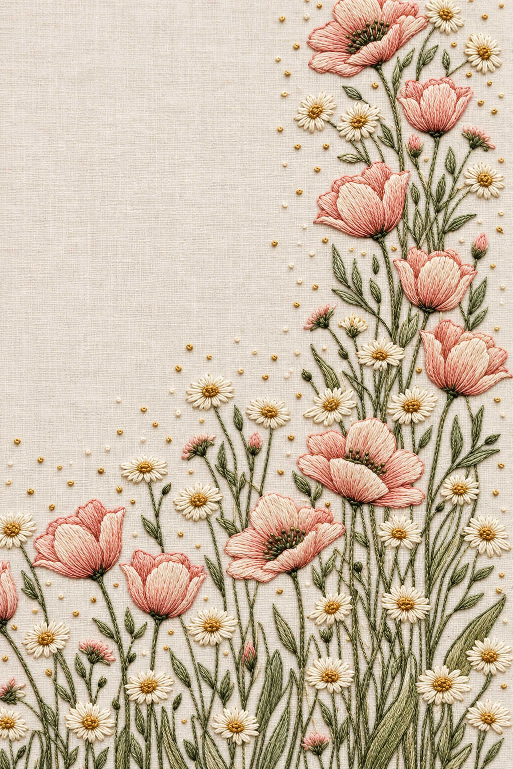 Fine blush and ivory poppy and daisy meadow embroidery rising from the bottom along the right side, with a broad open upper-left field. Textile visualization from Easter & Spring Embroidery Edition 2, a digital PDF design book.