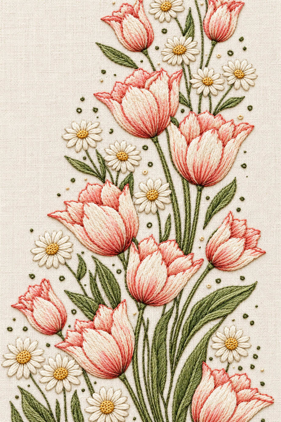 Tall tulip and daisy border with fine crossing stems, sage leaves and scattered seed stitches, preserving the original cropped edges. Textile visualization from Easter & Spring Embroidery Edition 4, a digital PDF design book.
