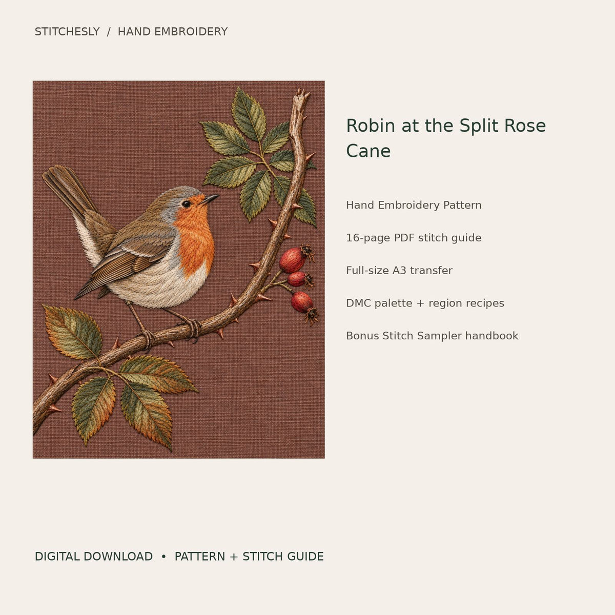 Robin at the Split Rose Cane: digital hand embroidery pattern cover with artwork and included files