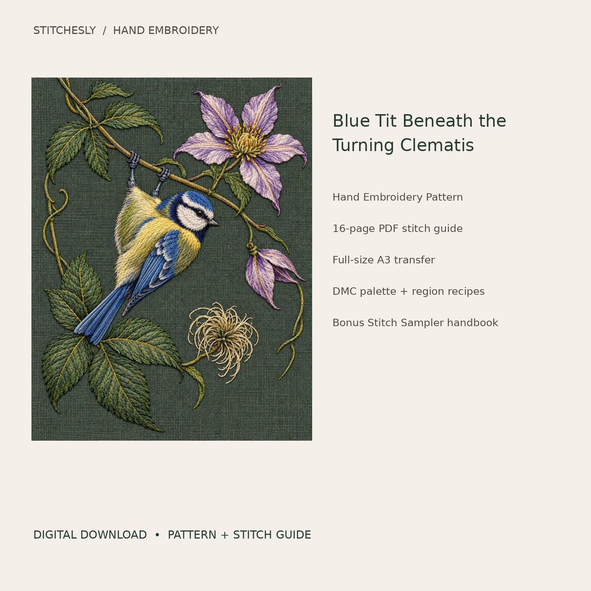 Blue Tit Beneath the Turning Clematis: digital hand embroidery pattern cover with artwork and included files