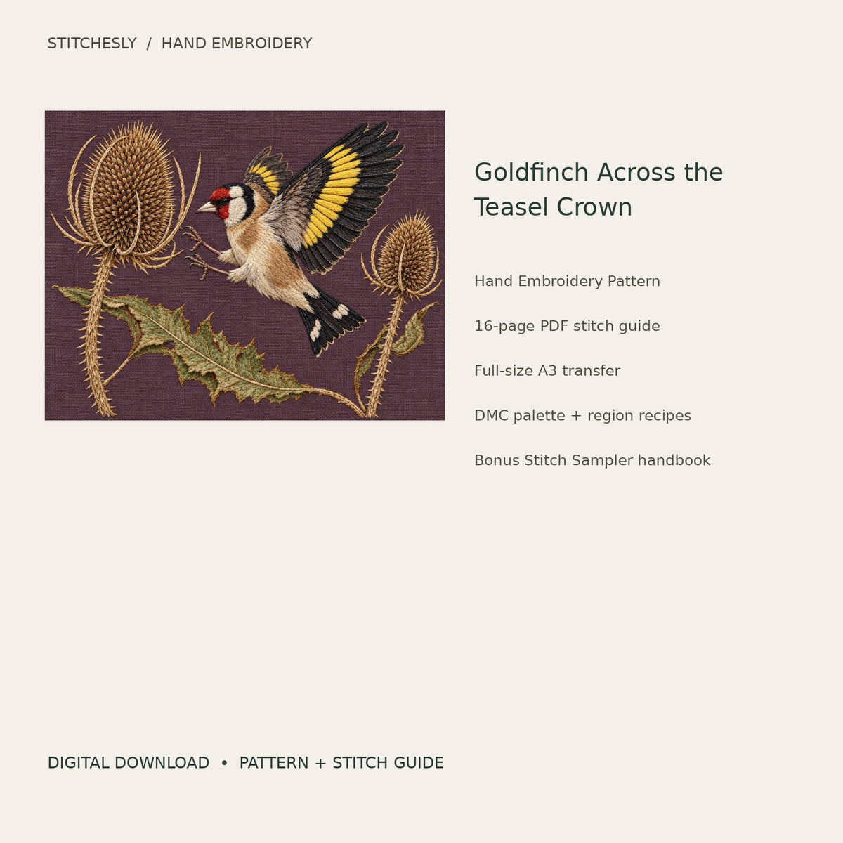 Goldfinch Across the Teasel Crown: digital hand embroidery pattern cover with artwork and included files