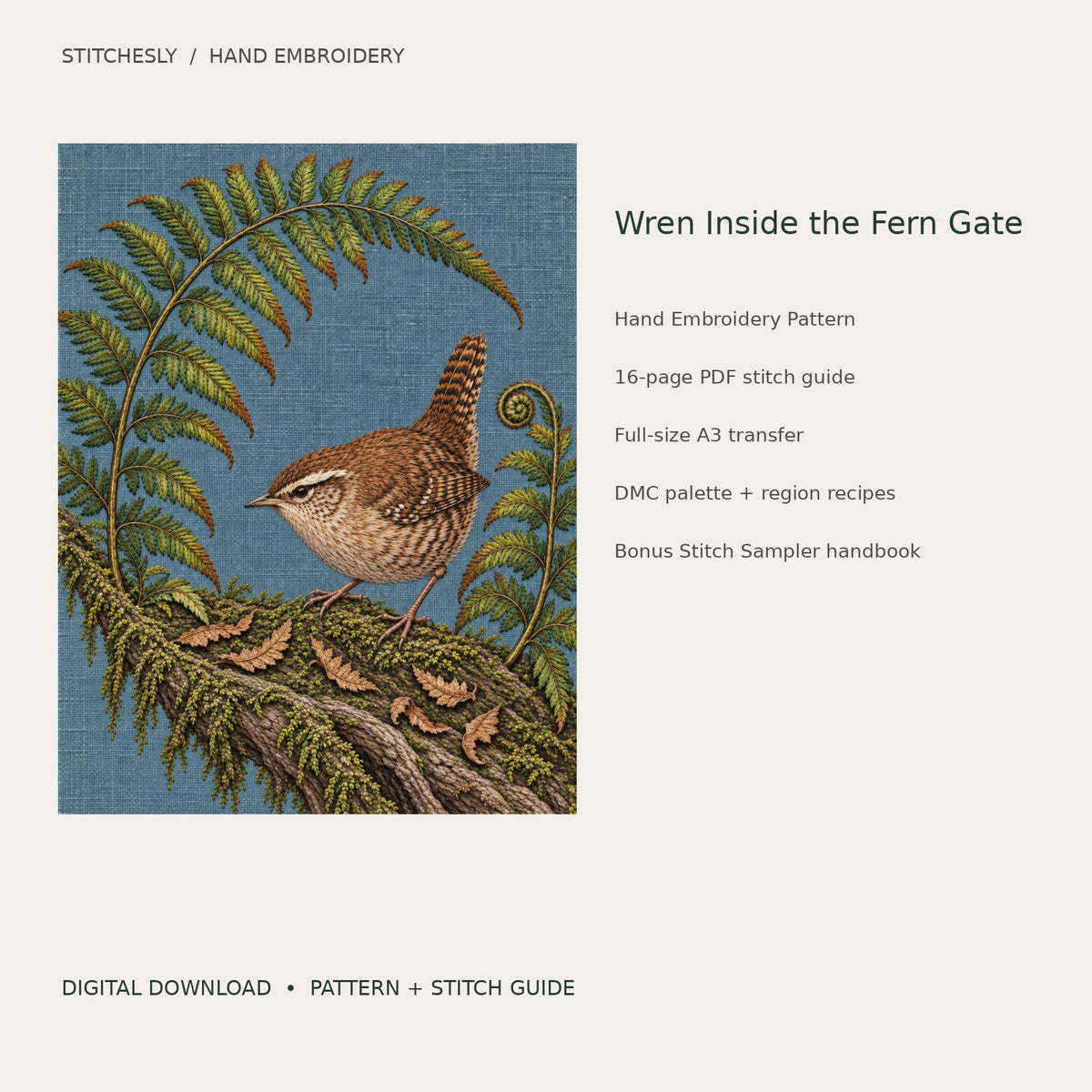 Wren Inside the Fern Gate: digital hand embroidery pattern cover with artwork and included files